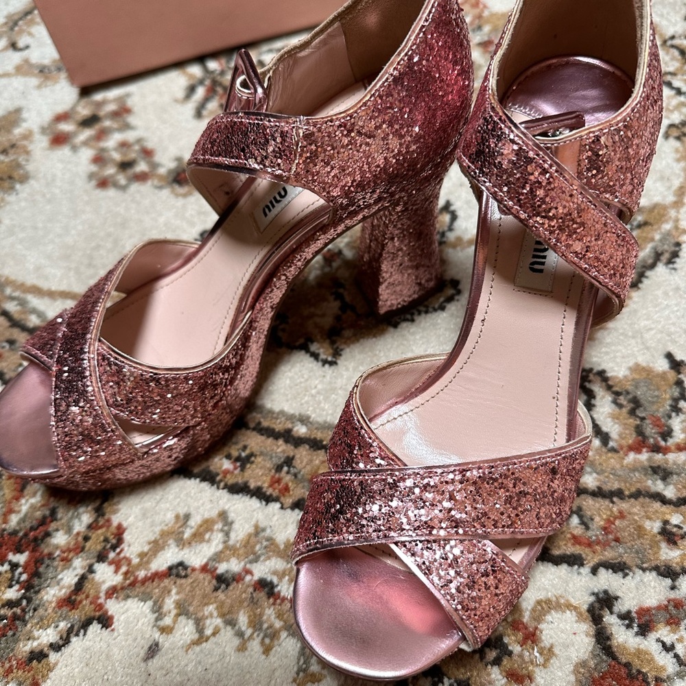 Miu Miu Glitter Embellished Platform Sandals In Leather Women light pink Size 36